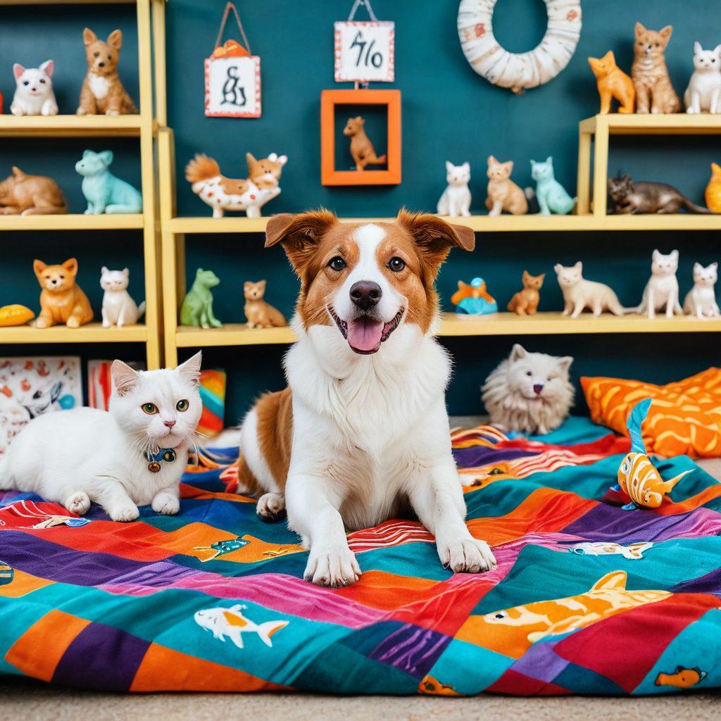 A playful dog and a curious cat sitting happily together on a colorful blanket, surrounded by various pet symbols like bones and fish. Above them, a glowing lock symbol representing exclusivity, with discount tags floating around. In the background, a vibrant pet store with shelves filled with items. Bright and cheerful atmosphere, inviting readers to explore. super-realistic. vibrant colors. white background.