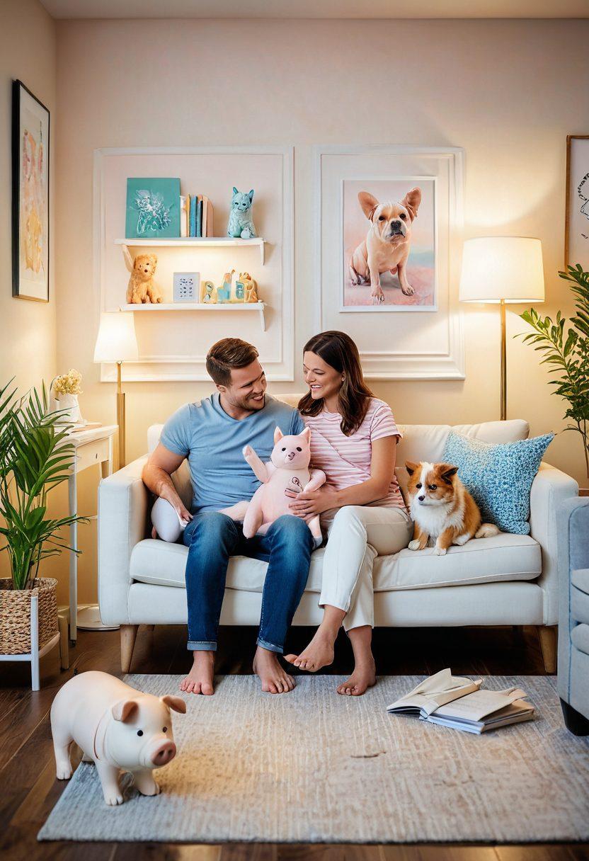 A heartwarming scene of a happy family with their playful pets in a cozy living room, surrounded by elements symbolizing affordability and care, like a piggy bank and insurance documents. The pets should include a dog and a cat, both looking joyful and healthy. Soft pastel colors should dominate the image, creating a warm and inviting atmosphere. 3D elements of various pet care products should subtly highlight the theme of comprehensive pet insurance solutions. vibrant colors. cozy ambient lighting.