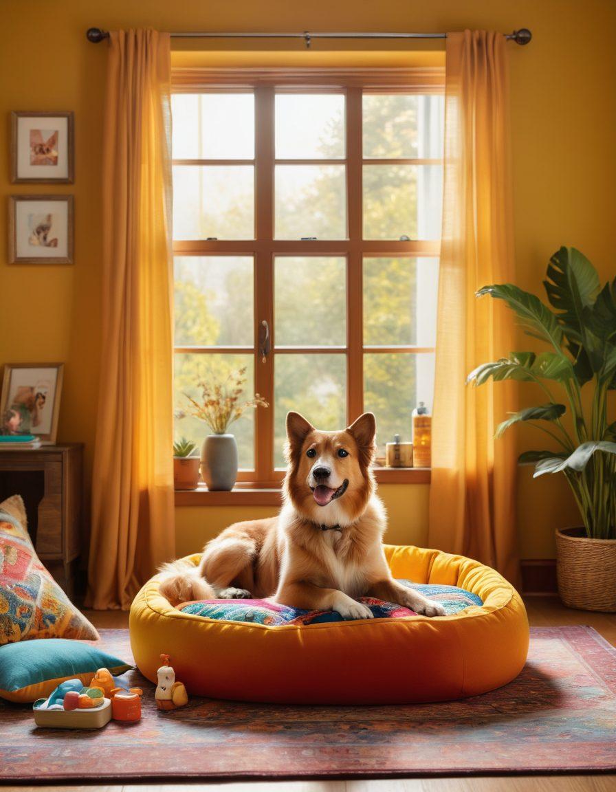 A cozy living room scene featuring a happy dog and cat lounging on a colorful pet bed surrounded by wellness items like vitamins, bowls of fresh food, and toys. A warm sunlight filters through a window, adding a soft glow to the scene. Include vibrant pet-themed artwork on the walls. super-realistic. vibrant colors. warm atmosphere.